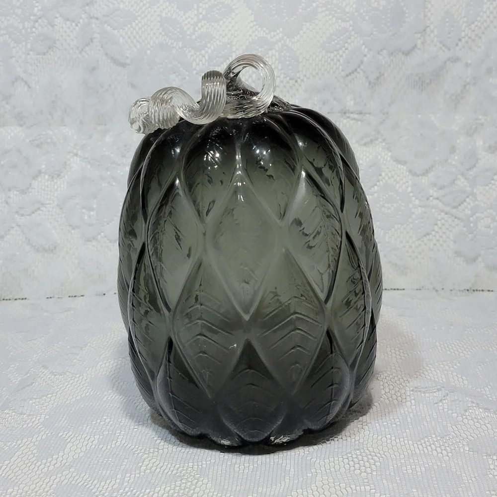 Black Gray Quilted Glass Pumpkin 8.5